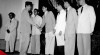 Presiden Sukarno berjabat tangan pada Upacara Pengumuman Pemenang Sayembara Perencana Tugu Nasional di Istana Negara. Tampak Friedrich Silaban (paling kiri/arsitek Monumen Nasional dan Masjid Istiqlal Jakarta), 9 Mei 1956.